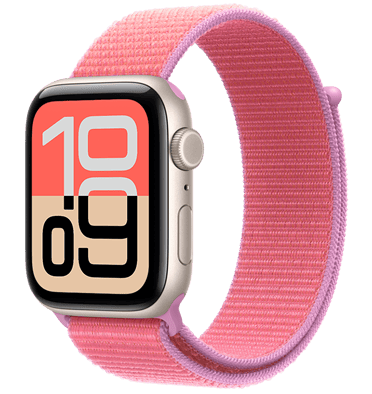 Apple Watch SE 3, boîtier en aluminium, comète, cadran Flux, côté droit, couronne Digital Crown, microphone, bouton latéral, bracelet sport à rabat, rose goyave (rose vif avec bordures lavande), fermeture à rabat