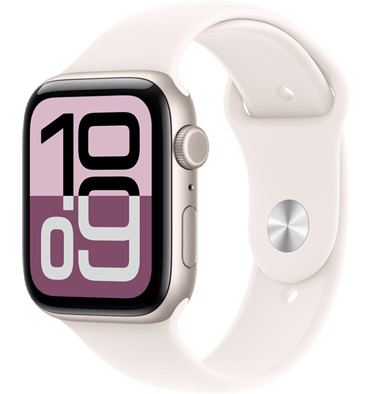 Apple Watch SE 3, boîtier en aluminium, comète, cadran Flux, côté droit, Digital Crown, microphone, bouton latéral, bracelet sport comète, fermoir à clou et passant argent