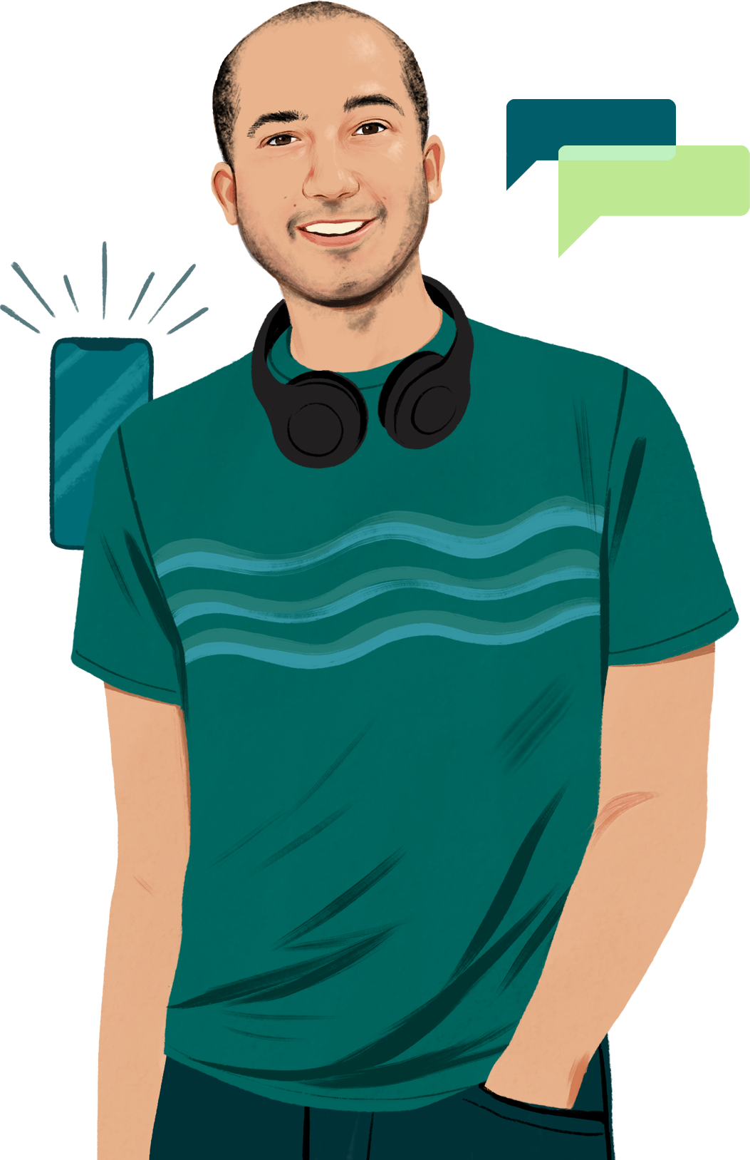 Un dibujo de Chris sonriente, con unos auriculares alrededor del cuello y mirando al lector. Aparece un dibujo de un iPhone que emite ondas sonoras visibles. 