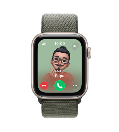 Apple Watch SE 3, Aluminiumgehäuse, Farbe Polarstern, eingehender Anruf von Papa, Memoji-Kontaktfoto, Tasten zum Annehmen und Ablehnen von Anrufen, Sport Loop, Farbe Waldgrün