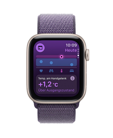 Apple Watch SE 3, Aluminiumgehäuse, Farbe Polarstern, Daten der Temperaturerkennung am Handgelenk, rechte Seitenansicht, Digital Crown, Sport Loop, Farbe Nebelviolett