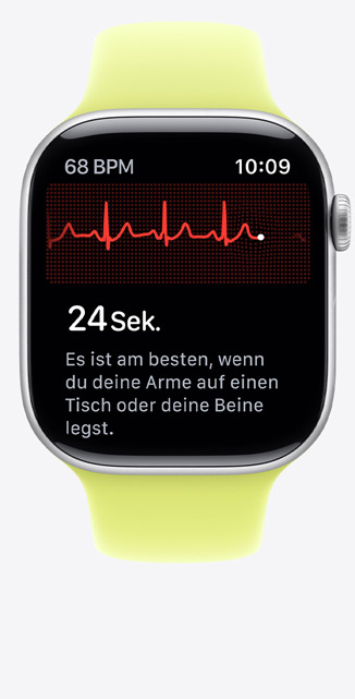 Apple Watch Series 11, Aluminiumgehäuse, Farbe Silber, EKG App, Schläge pro Minute oben links, Rhythmuslinie und Timer in der Mitte, Sportarmband, Farbe Neongelb