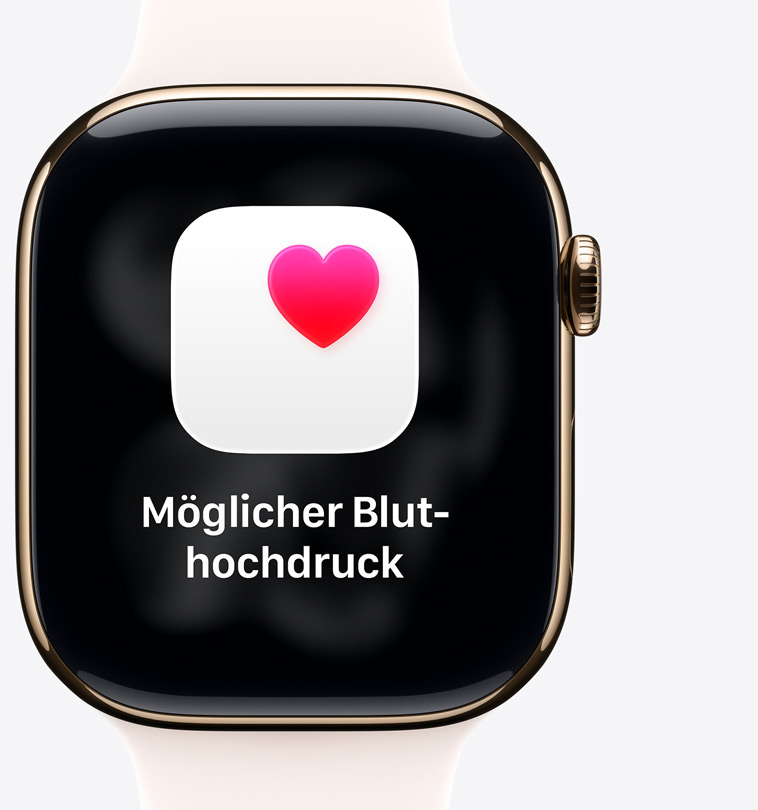 Apple Watch Series 11, Titangehäuse, Farbe poliertes Gold, Mitteilung: Möglicher Bluthochdruck, pinkes Herz in weißem Feld, rechte Seitenansicht, Digital Crown, Sportarmband Blassrosa