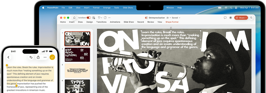 iPhone 16 Plus with text highlighted in the Notes app, Macbook Air with a Keynote slide open, text from Notes app is visible on the slide