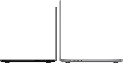 14- ja 16-tolline MacBook Pro, tagaküljed vastakuti, demonstreerimas suuruste erinevust ja rõhutamas peenikest profiili