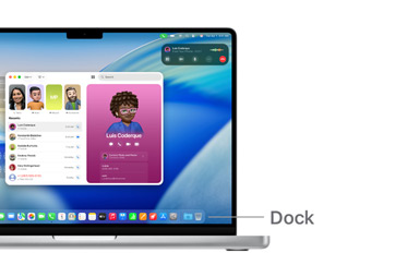 Recorrido por la navegación de macOS en un MacBook Pro de 14 pulgadas con líneas que indican la ubicación del Dock.