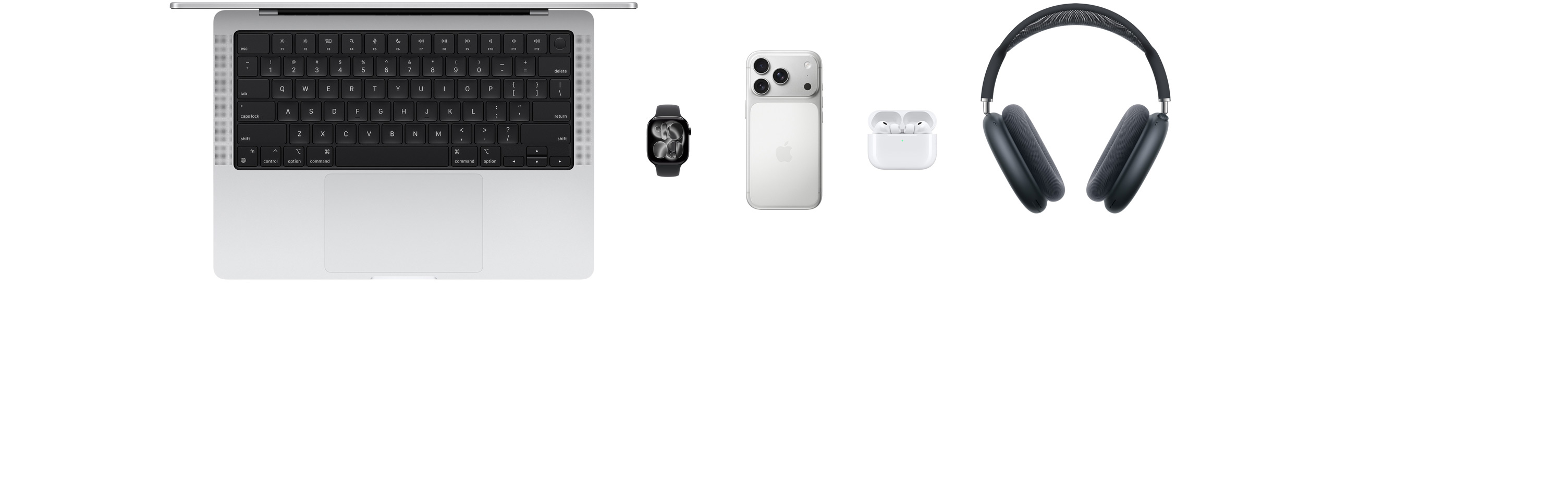 Varios productos Apple, incluyendo un MacBook, Apple Watch Series 11, iPhone 17 Pro, AirPods Pro 3 y AirPods Max
