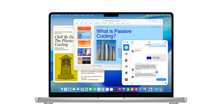 Demonstration von Apps wie Microsoft PowerPoint, Nachrichten und Pages auf dem 14" MacBook Pro.