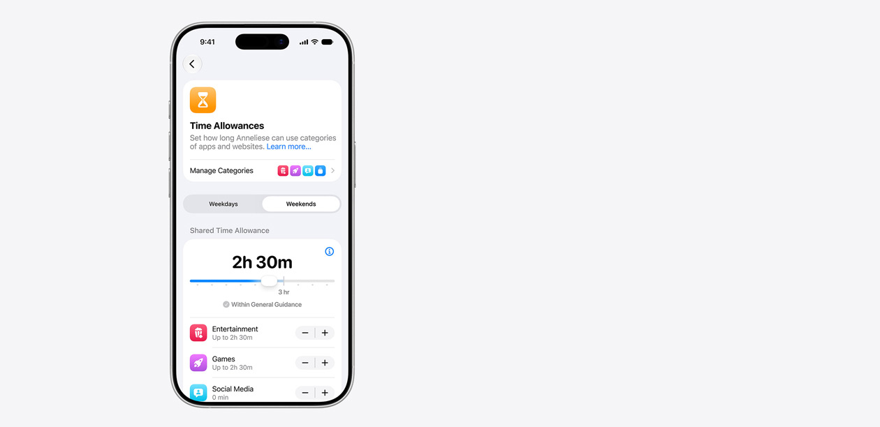 iPhone con l’interfaccia della funzione “Tempo di utilizzo”, un tempo di utilizzo attuale di due ore e trenta minuti, e alcuni suggerimenti per stabilire il tempo massimo di utilizzo per le app delle categorie Svago, Giochi e Social.