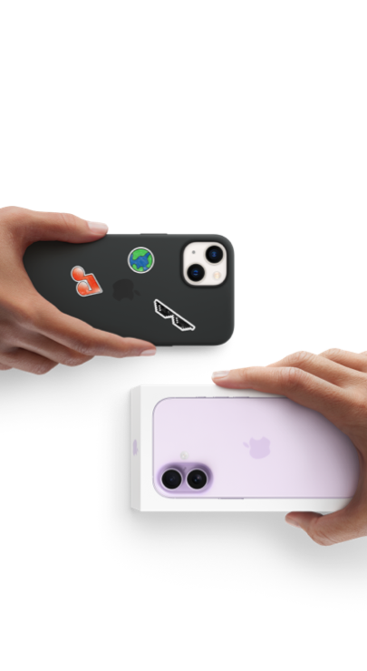 Hands exchanging trade-in smartphone for new iPhone 17 in box.