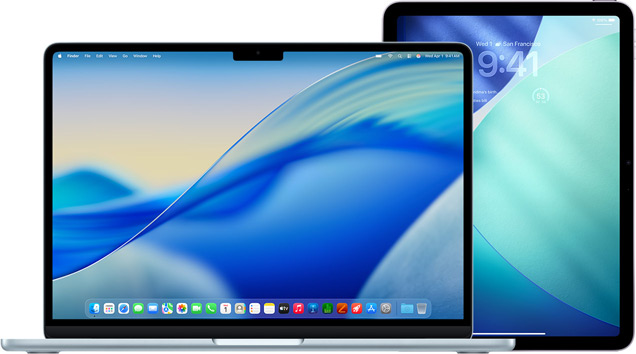 MacBook à esquerda, iPad à direita, ecrãs com um papel de parede azul e verde semelhante.