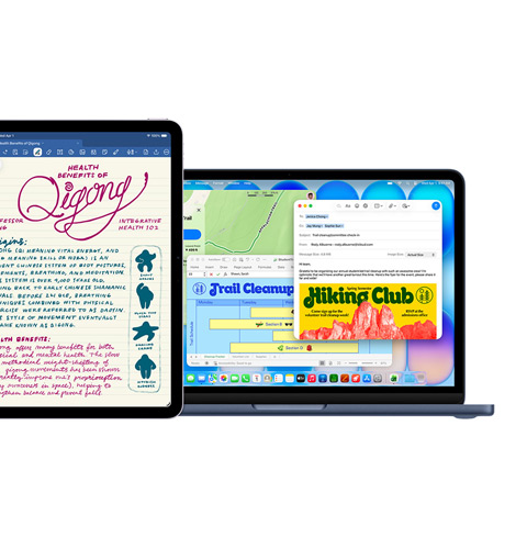 L’écran de l’iPad affiche Goodnotes, celui du Mac montre plusieurs apps utilisées en même temps