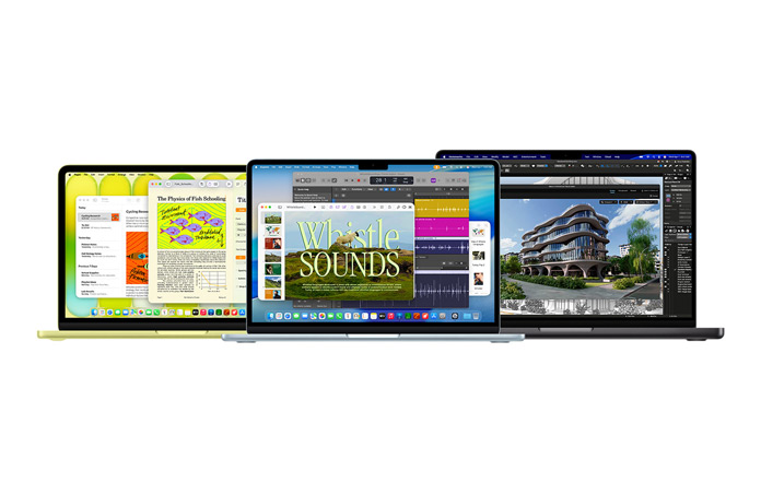 Das MacBook Neo in Zitrus, das MacBook Air in Silber und das MacBook Pro in Space Schwarz zeigen die vielseitige Performance der Mac Produktfamilie
