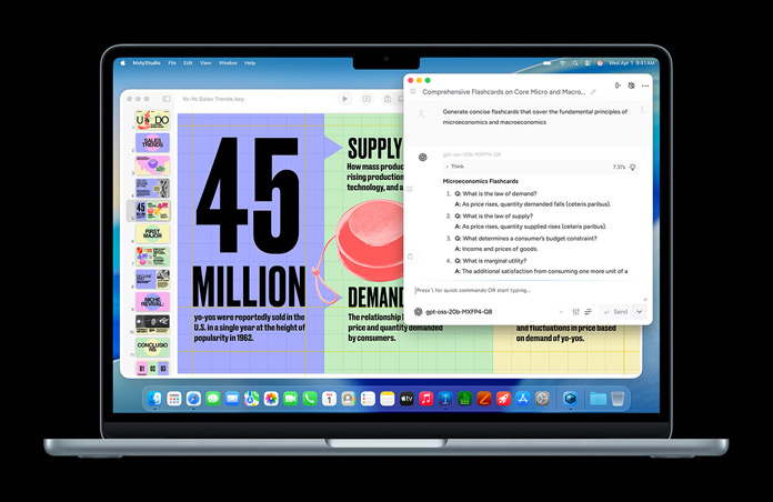 Ein MacBook zeigt einen Msty Studio Bildschirm mit Mikroökonomik Lernkarten, um On-Device KI Funktionen zu demonstrieren