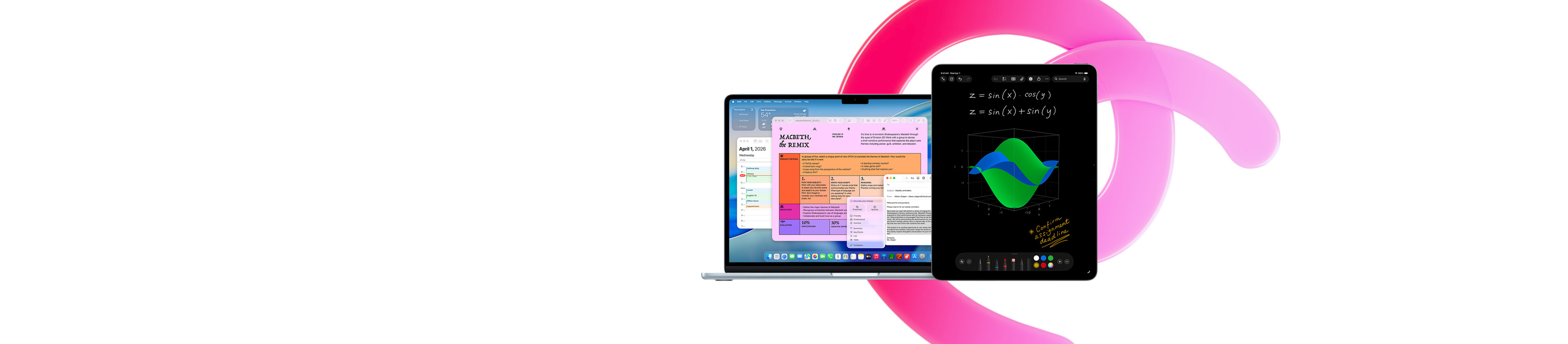 MacBook Airissa on esillä Pages, Kalenteri, Ilmoitus ja Mail, ja sen vieressä iPadissa on käsin kirjoitettuja yhtälöitä Matematiikkamuistiinpanoissa. Kokonaisuus havainnollistaa sisäänrakennettujen appien tarjoamia mahdollisuuksia tehokkaaseen työskentelyyn