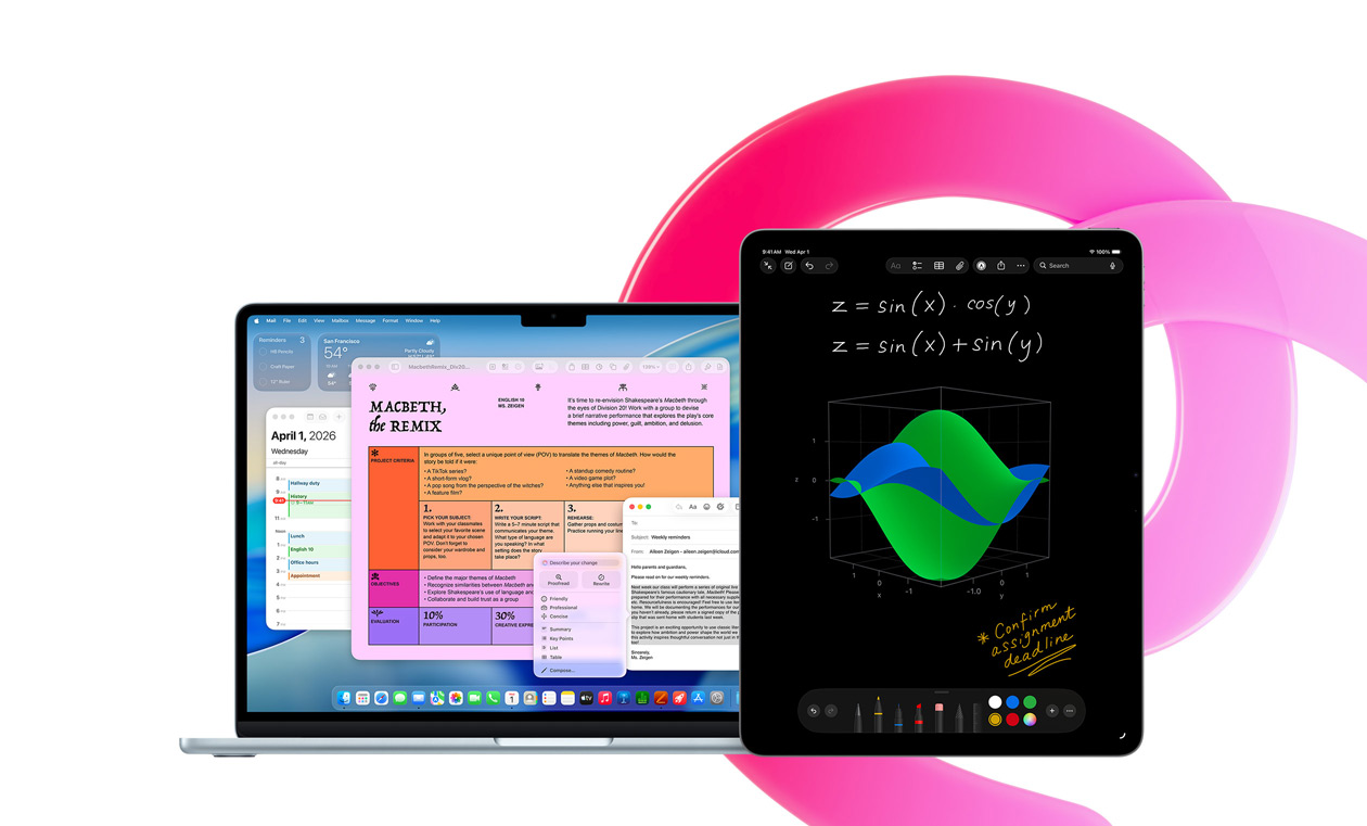MacBook Airissa on esillä Pages, Kalenteri, Ilmoitus ja Mail, ja sen vieressä iPadissa on käsin kirjoitettuja yhtälöitä Matematiikkamuistiinpanoissa. Kokonaisuus havainnollistaa sisäänrakennettujen appien tarjoamia mahdollisuuksia tehokkaaseen työskentelyyn