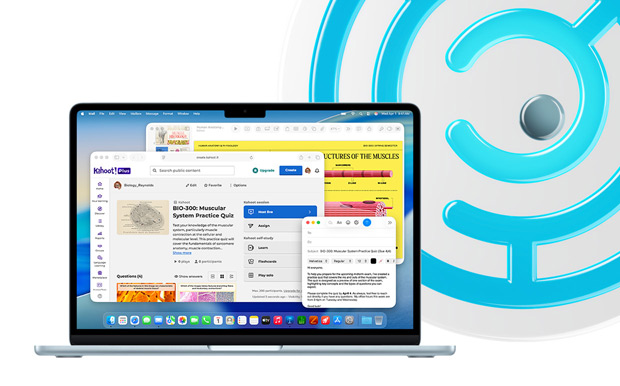 Taivaansinisessä avoimessa MacBookissa on esillä opetussisältöä Keynotessa, Mailissa ja Safarissa, jossa on avoinna Kahoot!, jossa on esillä ”BIO-200 Muscular System Practice Quiz”