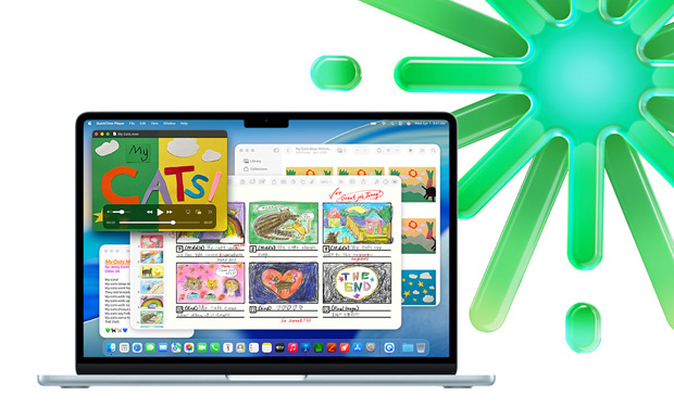 Taivaansinisessä MacBookissa on avoinna QuickTime, Muistiinpanot, Keynote ja Kuvat, mikä havainnollistaa mahdollisuutta käyttää useita appeja samanaikaisesti