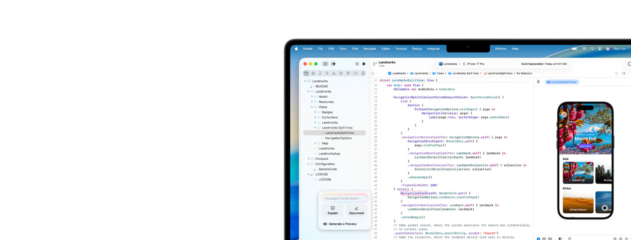 Xcode körs på Mac med AI-kodningsassistenten Claude Agent och en förhandsvisning av en app på iPhone