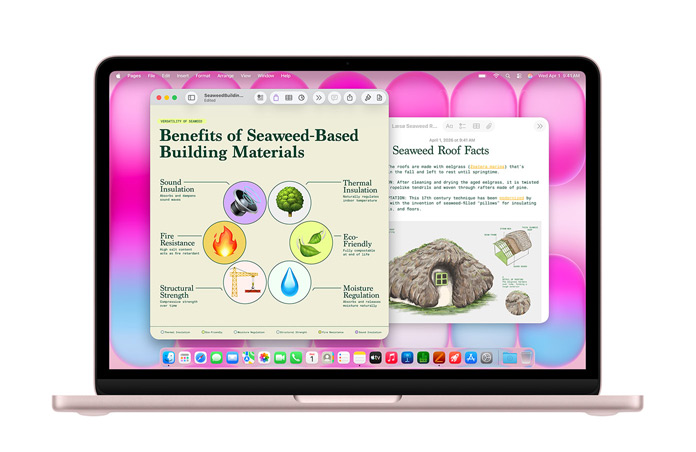 MacBook Neo con le app Pages e Note aperte su presentazioni di tetti costruiti con le alghe, a evidenziare le prestazioni del computer