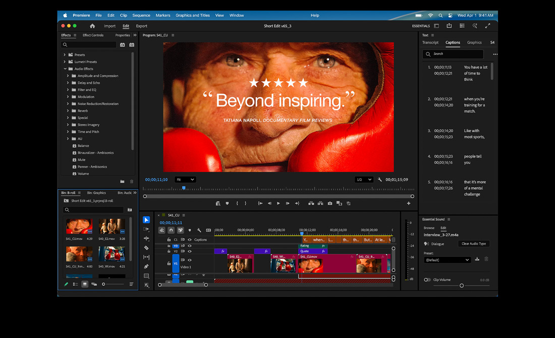 Écran de MacBook Pro montrant le montage d’un film intitulé Eternal Play dans Adobe Premiere