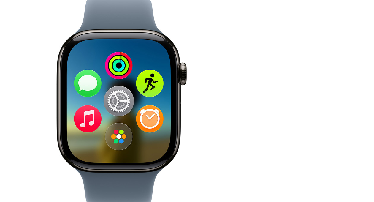 Apple Watch Series 11 em titânio ardósia, a mostrar a grelha dinâmica de apps