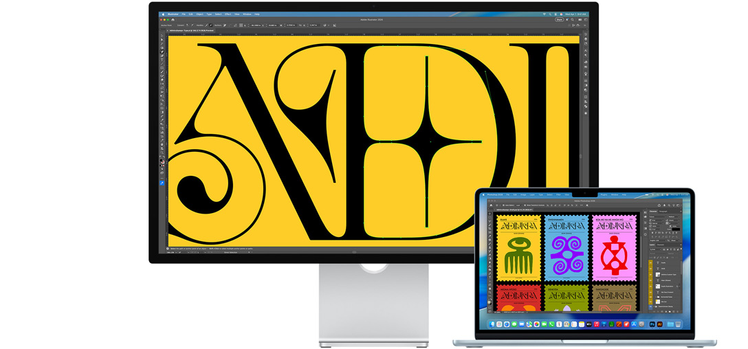 Das Studio Display und ein Mac Laptop zeigen ein Projekt, an dem in mehreren Adobe Programmen gearbeitet wird, das Studio Display zeigt eine Nahaufnahme von schwarzem Text vor einem satten, gelben Hintergrund, die Antireflex-Beschichtung hilft, Blendeffekte zu reduzieren