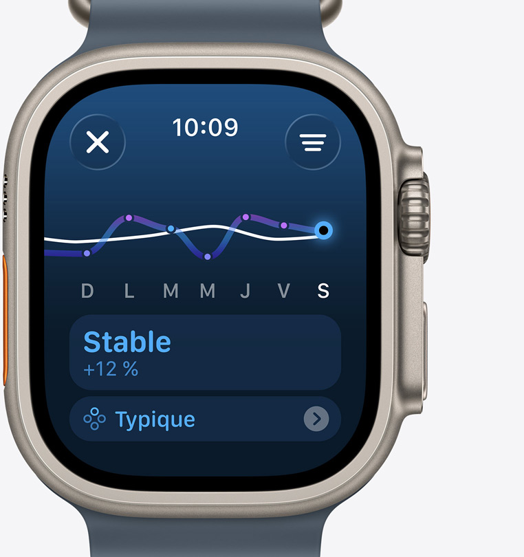 Apple Watch Ultra 3, boîtier en titane, finition naturelle, écran charge d’entraînement indiquant une augmentation régulière de l’entraînement