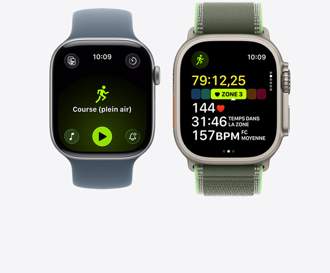 Apple Watch Series 11, boîtier en aluminium, finition gris sidéral, exercice Course en plein air ouvert avec les commandes de lecture d’Apple Music, Apple Watch Ultra 3, boîtier en titane, finition naturelle, exercice Course ouvert, fréquence cardiaque en Zone 3