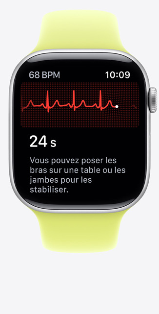 Apple Watch Series 11, boîtier en aluminium, finition argent, app ECG, battements par minute en haut à gauche, tracé centré et compte à rebours, Bracelet Sport, jaune fluo