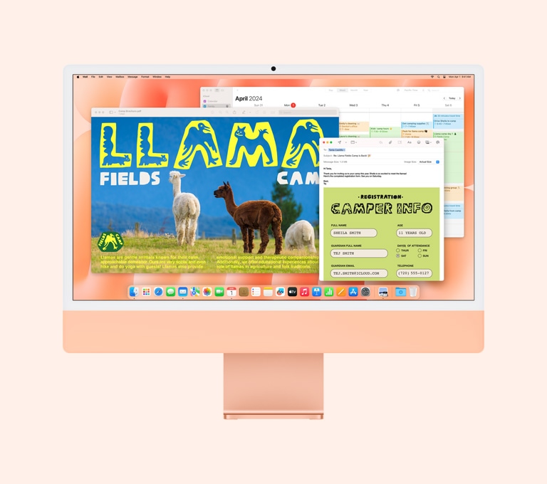  Πορτοκαλί iMac: Η οθόνη εμφανίζει τα apps Προεπισκόπηση, Mail και Ημερολόγιο σε χρήση.