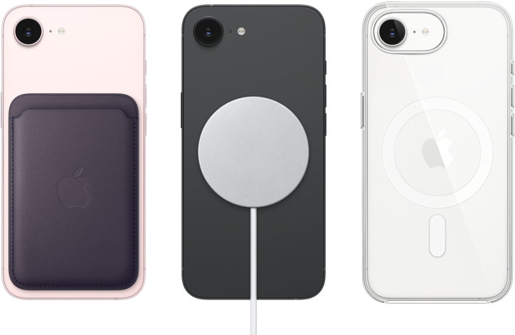 iPhone 17e, stražnja strana, blijedo ružičasta boja, pričvršćen novčanik FineWoven s tehnologijom MagSafe, iPhone 17e, stražnja strana, crna boja, pričvršćen MagSafe punjač, iPhone 17e, stražnja strana, bijela boja, prozirna maska i pričvršćeni MagSafe