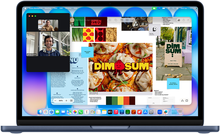 MacBook Neo u indigo boji s prikazom aktivnog videopoziva te otvorenim prozorom aplikacije Freeform, u kojem se vide jelovnik, fotografije hrane i ilustracije za dim sum restoran