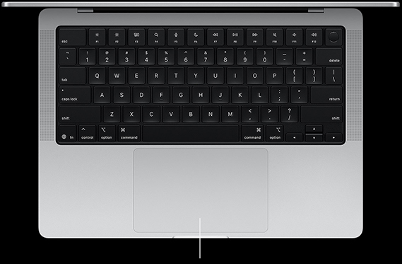 Pogled odozgo na otvoreni 14-inčni MacBook Pro s prikazom Force Touch trackpada, smještenog ispod tipkovnice