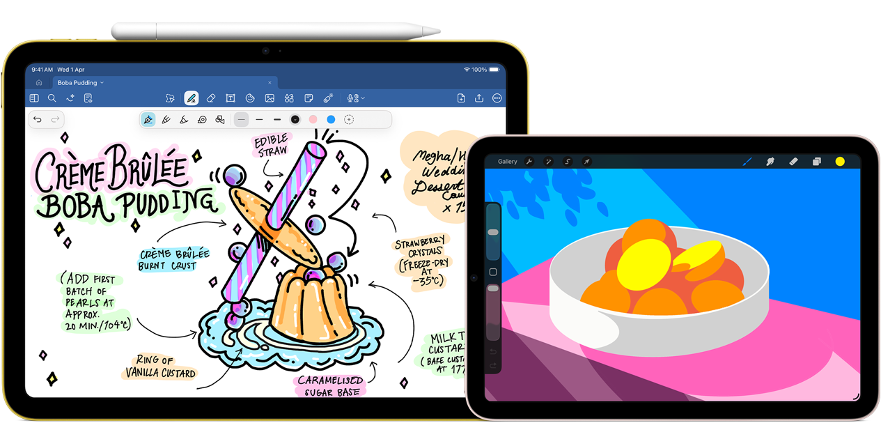 On left, iPad, landscape orientation, displaying a graphic with notes and a drawing with Apple Pencil USB-C attached at top. On right, iPad mini, landscape orientation showing a colourful illustration made with ProCreate.