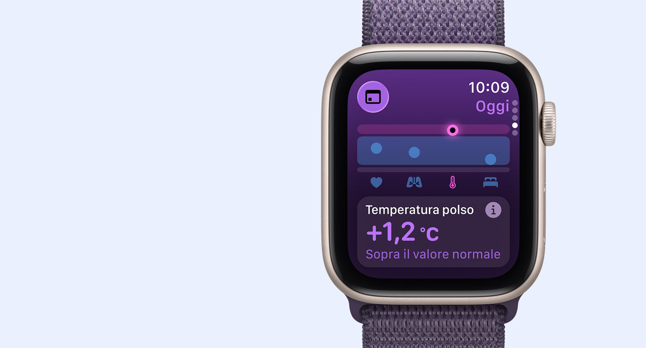 Apple Watch SE 3, cassa in alluminio color galassia, parametri temperatura del polso, lato destro, Digital Crown, Sport Loop viola nebbia