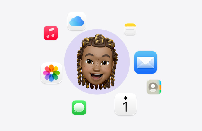 様々なアプリのアイコンに囲まれた笑顔の絵文字。ミュージック、iCloud Drive、メモ、メール、連絡先、カレンダー、メッセージ、写真