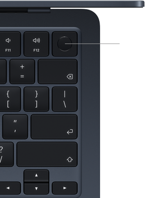 MacBook Air tastatūra, augšējais labais stūris, demonstrē Touch ID pogas atrašanās vietu