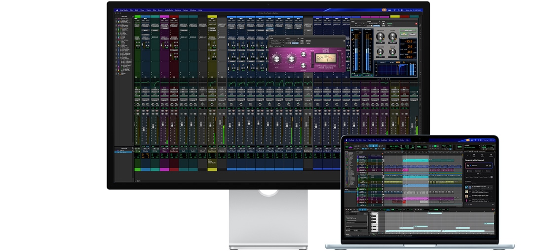 Studio&nbsp;Display un Mac portatīvajā datorā ir redzama Pro&nbsp;Tools sesija ar Splice integrāciju, nanotekstūras stikls palīdz samazināt atspīdumu no tumšā programmas ekrāna