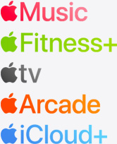 أيقونات تطبيقات Apple Music و+Apple Fitness و+Apple TV وApple Arcade و+iCloud