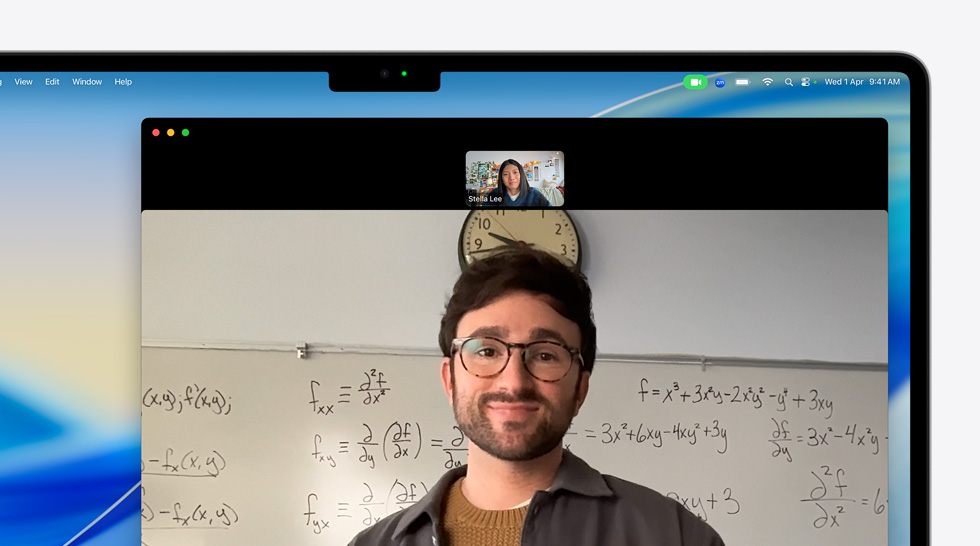 Video call on MacBook Air of a person talking to another person on the call, Center Stage keeps them centered in the frame, even as they move around