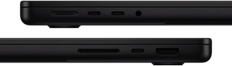 صورة تعرض منافذ MacBook Pro - الجهة اليسرى: MagSafe 3، و2 من منافذ ثندربولت، ومقبس لسماعات الرأس - الجهة اليمنى: فتحة بطاقة SDXC، ومنفذ ثندربولت واحد، وHDMI‏‏