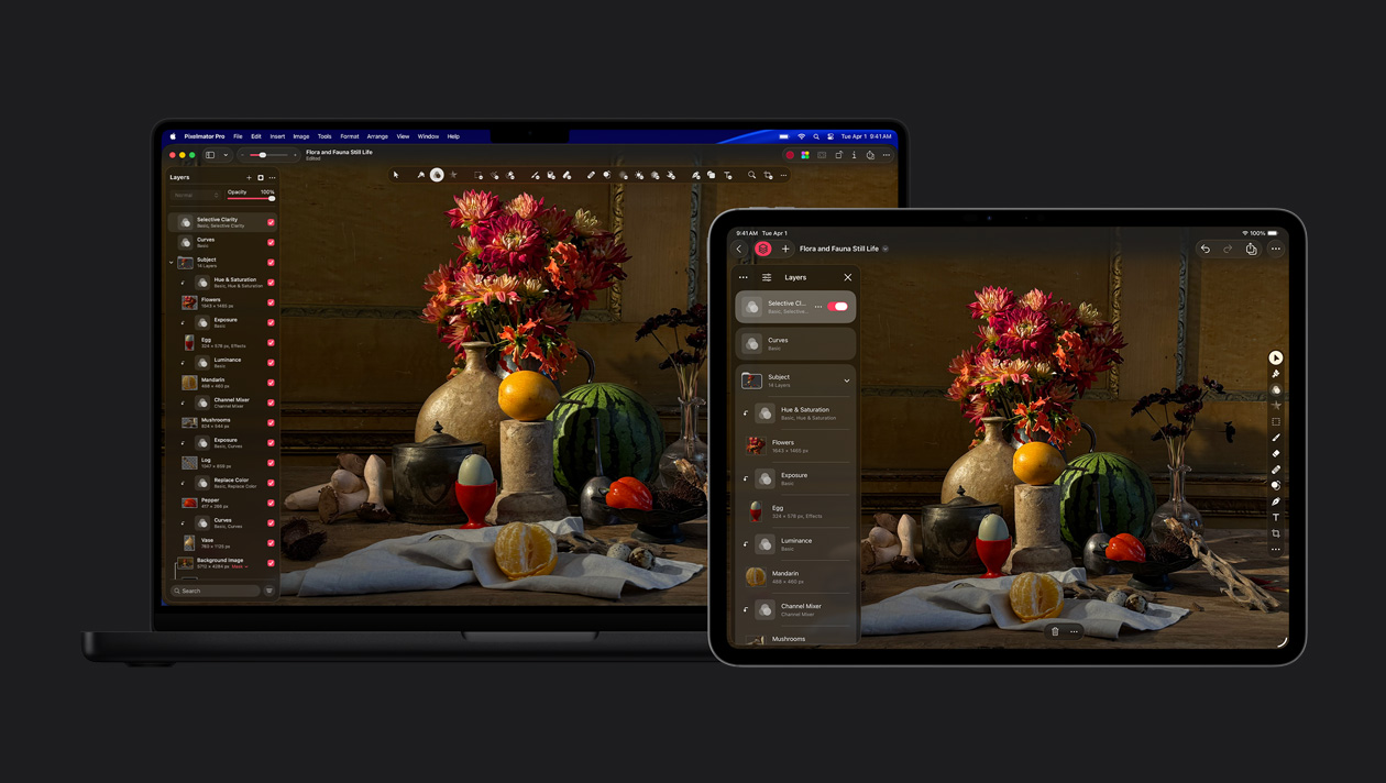 MacBook Pro 16 and iPad Pro 13 screens, Pixelmator Pro, flora and fauna still life painting, layers toolkit on the left