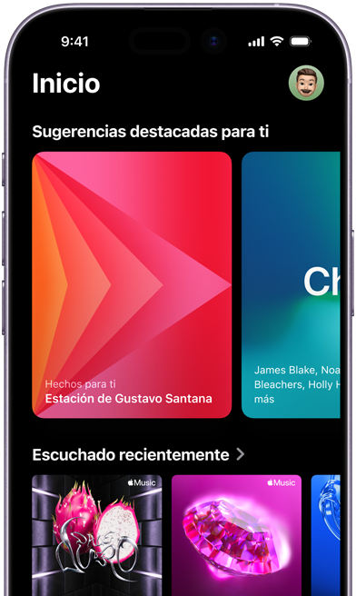 Se muestra la pantalla de la pestaña Inicio de Apple Music en un iPhone, el carrusel de Sugerencias destacadas para ti muestra las estaciones y playlists personalizadas de Gustavo Santana