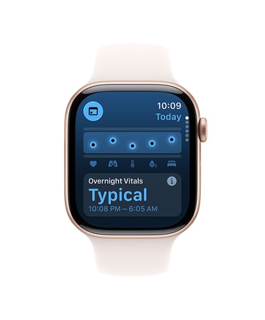 Apple Watch Series 10 z białym paskiem sportowym, na ekranie: Parametry życiowe, Temperatura nadgarstka; obok drugi Apple Watch Series 10 z czarnym paskiem sportowym, na ekranie: Parametry życiowe, Temperatura nadgarstka, Tętno, Analiza