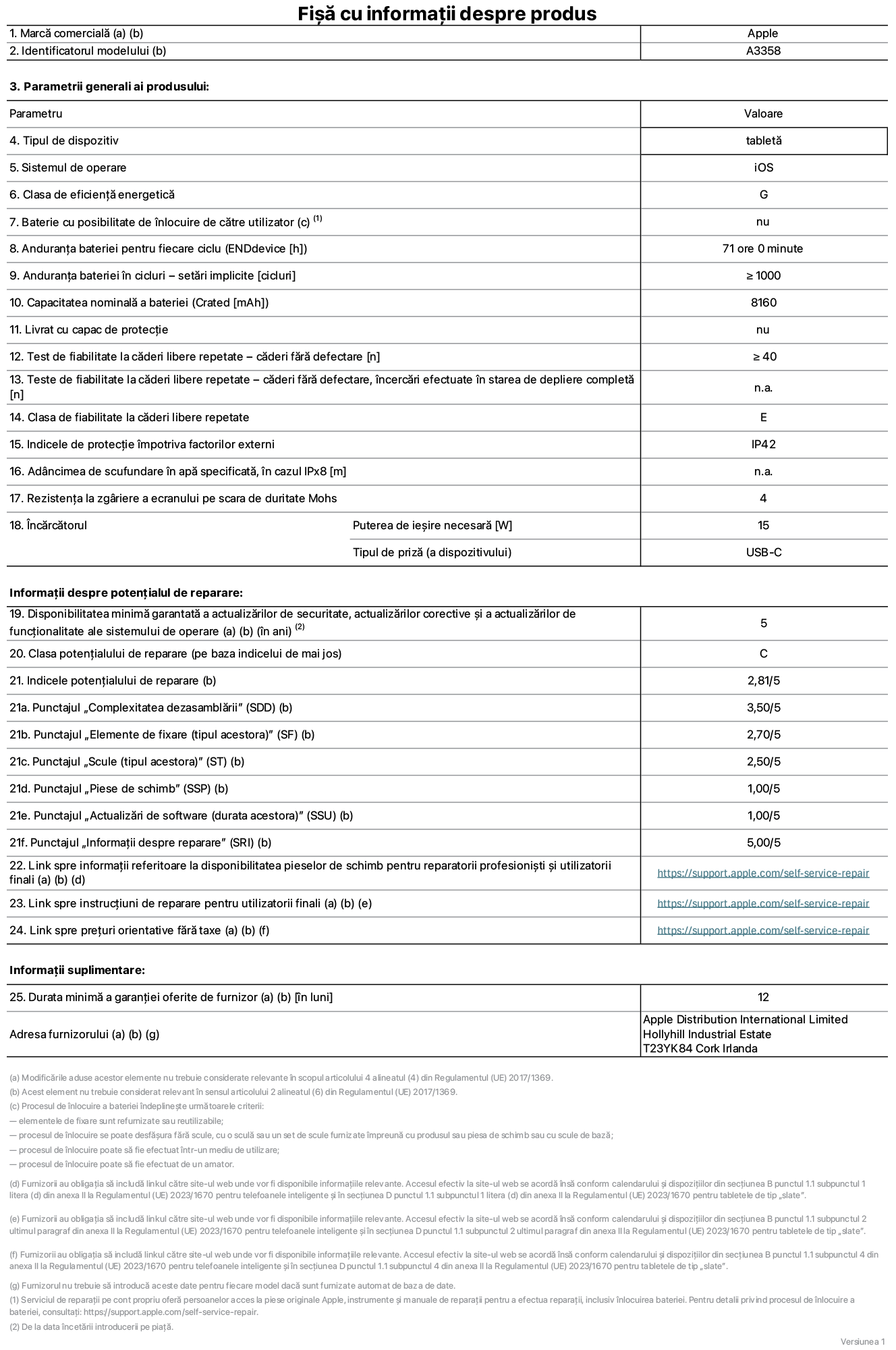 Fișa cu informații despre produs pentru iPad Pro M5 Wi-Fi + Cellular de 11 inchi, modelul A3358. Furnizată de Apple Distribution International Limited, Hollyhill Industrial Estate. Cork, Irlanda, T23 YK84. Tipul de dispozitiv: tabletă. Sistemul de operare: iOS. Clasa de eficiență energetică: G. Baterie cu posibilitate de înlocuire de către utilizator: nu. Anduranța bateriei pentru fiecare ciclu: 71 de ore. Anduranța bateriei în cicluri – setări implicite: mai mare sau egală cu 1000. Capacitate nominală a bateriei: 8,160 miliamperi-oră. Livrat cu capac de protecție: nu. Test de fiabilitate la căderi libere repetate – căderi fără defectare: mai mare sau egal cu 40. Test de fiabilitate la căderi libere repetate – căderi fără defectare, încercări efectuate în starea de depliere completă: nu se aplică. Clasa de fiabilitate la căderi libere repetate: E. Indicele de protecție împotriva factorilor externi: IP42. Adâncimea de scufundare specificată în apă, în cazul IPx8: nu se aplică. Rezistența la zgâriere a ecranului pe scara de duritate Mohs: 4. Puterea de ieșire necesară pentru încărcător: 15 wați. Tipul de priză pentru încărcător (a dispozitivului): USB-C. Disponibilitatea minimă garantată a actualizărilor de securitate, a actualizărilor corective și a actualizărilor de funcționalitate ale sistemului de operare: 5 ani. Clasa potențialului de reparare: C. Indicele potențialului de reparare: 2,81/5. Punctajul „Complexitatea dezasamblării” (SDD): 3,50/5. Punctajul „Elemente de fixare”: 2,70/5. Punctajul „Scule”: 2,50/5. Punctajul „Piese de schimb”: 1,00/5. Punctajul „Actualizări de software”: 1,00/5. Punctajul „Informații despre reparare”: 5,00/5. Link spre informații referitoare la disponibilitatea pieselor de schimb pentru reparatorii profesioniști și utilizatorii finali: https://support.apple.com/self-service-repair. Link spre instrucțiuni de reparare pentru utilizatorii finali: https://support.apple.com/self-service-repair. Link spre prețuri orientative fără taxe: https://support.apple.com/self-service-repair. Garanție generală oferită: 12 luni.