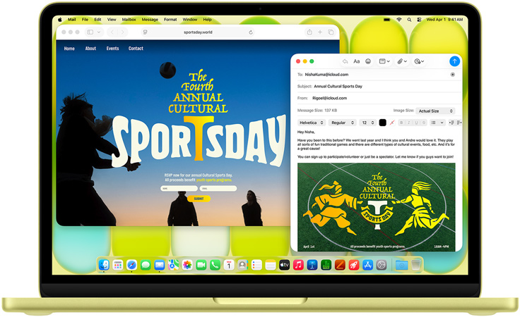 MacBook Neo, culoare Galben citric, utilizatorul redactează o invitație prin e-mail la o expoziție de artă, site-ul evenimentului deschis alături