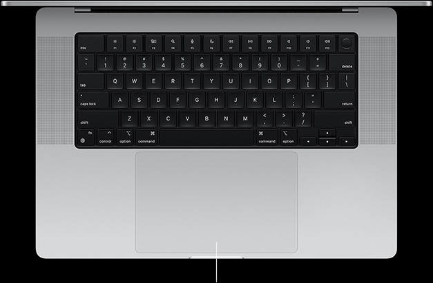 Vedere de sus în jos a unui MacBook Pro de 16 inchi, deschis, prezentând trackpad-ul Force Touch situat sub tastatură