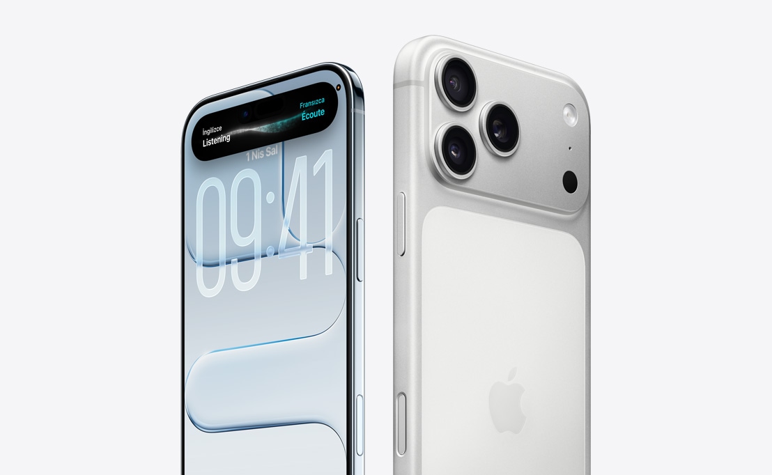Liquid Glass Ekran ve Dynamic Island’a sahip iPhone Air’in önden dış görünümü, ince titanyum kenar, sol üst köşede Pro kamera sistemine sahip iPhone 17 Pro’nun arkadan dış görünümü