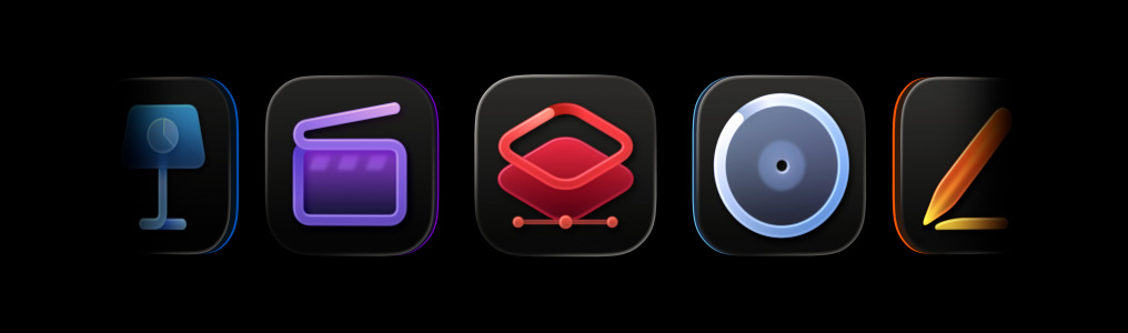 各種 Apple 創作坊 app 圖像，包括 Final Cut Pro、Pixelmator Pro、Logic Pro、Pages、Compressor、MainStage、Numbers、Motion、無邊記與 Keynote